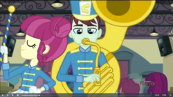 Size: 1366x768 | Tagged: safe, screencap, cranberry mint, lyra heartstrings, majorette, mystery mint, scootaloo, sweeten sour, equestria girls, g4, my little pony equestria girls: friendship games, background human, low quality, musical instrument, sousaphone, tuba