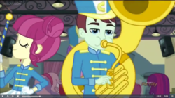 Size: 1366x768 | Tagged: safe, screencap, cranberry mint, majorette, melody flight, mystery mint, sweeten sour, sweetie belle, equestria girls, g4, my little pony equestria girls: friendship games, background human, chs rally song, low quality, musical instrument, shako, sousaphone, tuba