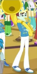 Size: 347x691 | Tagged: safe, screencap, cherry crash, cranberry mint, indigo wreath, sweet leaf, tennis match, thunderbass, equestria girls, g4, my little pony equestria girls: friendship games, background human, chs rally song, clothes, cropped, female, male, musical instrument, pants, sousaphone, tuba