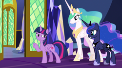 Size: 1920x1080 | Tagged: safe, screencap, princess celestia, princess luna, twilight sparkle, alicorn, pony, between dark and dawn, g4, lidded eyes, twilight sparkle (alicorn)