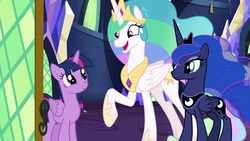 Size: 1920x1080 | Tagged: safe, screencap, princess celestia, princess luna, twilight sparkle, alicorn, pony, between dark and dawn, g4, cute, cutelestia, happy, smiling, twiabetes, twilight sparkle (alicorn)