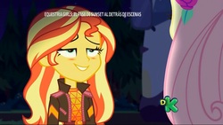 Size: 1920x1080 | Tagged: safe, screencap, fluttershy, sunset shimmer, equestria girls, equestria girls series, g4, sunset's backstage pass!, spoiler:eqg series (season 2), blushing, female
