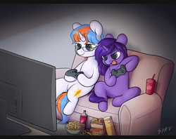 Size: 1916x1519 | Tagged: safe, artist:survya, oc, oc only, oc:free quill, oc:nova aurora, pony, unicorn, chips, controller, couch, couple, dr pepper, ear piercing, female, food, game face, gaming, glasses, jewelry, male, mare, multicolored mane, multicolored tail, necklace, nintendo switch, piercing, playing video games, potato chips, pretzel, pringles, qurora, sitting, snacks, stallion, television, tongue out, ych result