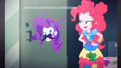 Size: 926x520 | Tagged: safe, screencap, pinkie pie, rarity, equestria girls, equestria girls series, g4, sunset's backstage pass!, spoiler:eqg series (season 2), art, backstage pass, bathroom, discovery kids, facial hair, logo, moustache, music festival outfit, spanish, watermark
