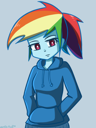 Size: 540x720 | Tagged: safe, artist:genericmlp, rainbow dash, equestria girls, g4, clothes, female, gray background, hand in pocket, hoodie, looking at you, simple background, solo