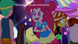 Size: 1920x1080 | Tagged: safe, screencap, lemon zack, pinkie pie, raspberry lilac, sunset shimmer, velvet sky, equestria girls, equestria girls series, g4, sunset's backstage pass!, spoiler:eqg series (season 2), background human, discovery kids, drool, geode of sugar bombs, magical geodes, music festival outfit, spanish