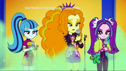 Size: 1920x1080 | Tagged: safe, screencap, adagio dazzle, aria blaze, sonata dusk, equestria girls, equestria girls series, find the magic, g4, sunset's backstage pass!, spoiler:eqg series (season 2), animated, clothes, contempt, discovery kids, disdain, fake smile, female, forced smile, human scum, jacket, mic drop, microphone, smiling, sound, speciesism, spiked wristband, stepford smiler, talking, the dazzlings, webm, wristband