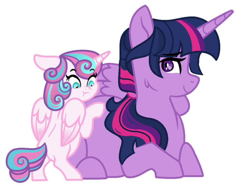 2075858 - safe, artist:rosebuddity, princess flurry heart, twilight sparkle,  alicorn, pony, aunt and niece, duo, female, filly, mare, older, older flurry  heart, preglight sparkle, pregnant, prone, simple background, smiling,  story in the