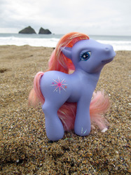 Size: 1280x1707 | Tagged: safe, artist:travelling-my-little-pony, crystal lake, pony, g3, beach, diva pose, looking at you, photo, photography, sand, toy