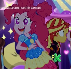 Size: 1111x1079 | Tagged: safe, edit, edited screencap, screencap, pinkie pie, sunset shimmer, equestria girls, equestria girls specials, g4, my little pony equestria girls: better together, my little pony equestria girls: sunset's backstage pass, clothes, cropped, geode of sugar bombs, magical geodes, music festival outfit, shrunken pupils