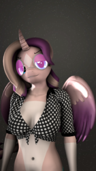 Size: 1080x1920 | Tagged: safe, oc, oc only, oc:shimmering spectacle, alicorn, anthro, 3d, alicorn oc, belly button, blouse, breasts, cleavage, curved horn, female, glasses, horn, magical lesbian spawn, magical threesome spawn, midriff, multiple parents, offspring, parent:starlight glimmer, parent:sunset shimmer, parent:twilight sparkle, parents:twishimmerglimmer, solo, source filmmaker, swag, wings