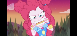 Size: 1792x828 | Tagged: safe, screencap, pinkie pie, equestria girls, equestria girls specials, g4, my little pony equestria girls: better together, my little pony equestria girls: sunset's backstage pass, churros, female, food, geode of sugar bombs, gritted teeth, letterboxing, magical geodes, outdoors, ponk, solo, teeth