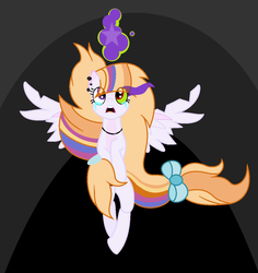Size: 1102x1166 | Tagged: safe, artist:lynesssan, artist:nightcorecat123, oc, oc only, oc:sparkling stars (ice1517), pegasus, pony, icey-verse, base used, crying, ear piercing, earring, female, flying, jewelry, mare, multicolored hair, necklace, offspring, open mouth, parent:flash sentry, parent:twilight sparkle, parents:flashlight, piercing, possessed, sad, solo, sombra eyes