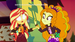 Size: 1920x1080 | Tagged: safe, screencap, adagio dazzle, sunset shimmer, equestria girls, equestria girls series, g4, sunset's backstage pass!, spoiler:eqg series (season 2), blank eyes, discovery kids, geode of empathy, glowing eyes, magical geodes, mind reading, music festival outfit, spanish, spiked headband, white eyes, wide eyes
