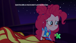 Size: 1920x1080 | Tagged: safe, screencap, pinkie pie, sunset shimmer, equestria girls, equestria girls specials, g4, my little pony equestria girls: better together, my little pony equestria girls: sunset's backstage pass, blushing, cute, diapinkes, discovery kids, spanish