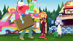 Size: 1366x768 | Tagged: safe, screencap, oxford brush, snow flower, sunset shimmer, equestria girls, equestria girls series, g4, sunset's backstage pass!, spoiler:eqg series (season 2), background human, clothes, discovery kids, easel, food truck, heartbreak, music festival outfit, oxflower, shocked, skirt, spanish, tank top
