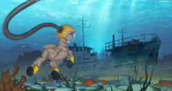 Size: 1509x800 | Tagged: safe, artist:margony, oc, oc only, oc:crash dive, fish, pegasus, pony, clothes, commission, coral, diving, diving helmet, diving suit, female, hose, mare, scenery, scenery porn, seabed, seaweed, ship, shipwreck, solo, swimming, underwater, water, watermark, wings