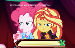 Size: 2312x1482 | Tagged: safe, screencap, pinkie pie, sunset shimmer, equestria girls, equestria girls specials, g4, my little pony equestria girls: better together, my little pony equestria girls: sunset's backstage pass, book, bored, crazy straw, duo, geode of sugar bombs, magical geodes, music festival outfit, straw, sunset's journal