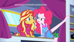 Size: 1920x1080 | Tagged: safe, screencap, pinkie pie, sunset shimmer, equestria girls, equestria girls specials, g4, my little pony equestria girls: better together, my little pony equestria girls: sunset's backstage pass, barefoot, clothes, context is for the weak, discovery kids, feet, female, out of context, pajamas, raised leg, sexy, sleeveless, spanish