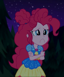 Size: 881x1059 | Tagged: safe, screencap, pinkie pie, equestria girls, equestria girls specials, g4, my little pony equestria girls: better together, my little pony equestria girls: sunset's backstage pass, clothes, cropped, crossed arms, female, geode of sugar bombs, hair bun, magical geodes, music festival outfit, sad, skirt
