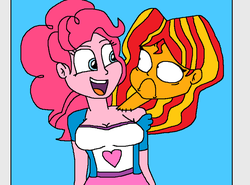 Size: 881x652 | Tagged: safe, artist:logan jones, pinkie pie, sunset shimmer, equestria girls, g4, abomination, breasts, busty pinkie pie, fusion, futurama, grimcute, happy, lying down, male, multiple heads, open mouth, put your head on my shoulder, scared, shocked, simpsons did it, snow, stitches, the simpsons, two heads, wat, we have become one, what has science done
