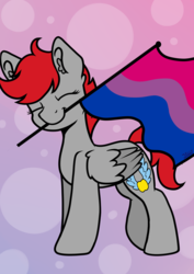 Size: 2150x3035 | Tagged: safe, artist:jellysketch, oc, oc only, oc:cherry feather (pony), pegasus, pony, bisexual pride flag, female, flag, high res, mare, mouth hold, pride, pride flag, pride month, short hair, solo, standing, wings