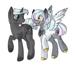 Size: 1024x882 | Tagged: safe, artist:paisleyperson, oc, oc only, oc:fairy floss, oc:pop rock, pegasus, pony, unicorn, coat markings, colored hooves, dappled, male, simple background, stallion, transparent background