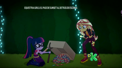 Size: 1920x1080 | Tagged: safe, screencap, sci-twi, sunset shimmer, twilight sparkle, equestria girls, equestria girls series, g4, sunset's backstage pass!, spoiler:eqg series (season 2), candy, cardboard box, food, music festival outfit