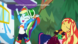 Size: 1920x1080 | Tagged: safe, screencap, applejack, fluttershy, rainbow dash, sci-twi, sunset shimmer, twilight sparkle, equestria girls, equestria girls series, g4, sunset's backstage pass!, spoiler:eqg series (season 2), backstage pass, discovery kids, female, happy, logo, music festival outfit, paddle, rv, smiling, spanish, watermark