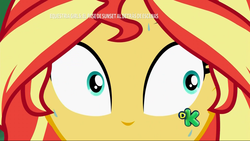 Size: 1920x1080 | Tagged: safe, screencap, sunset shimmer, equestria girls, equestria girls specials, g4, my little pony equestria girls: better together, my little pony equestria girls: sunset's backstage pass, backstage pass, close-up, discovery kids, female, happy, logo, shrunken pupils, spanish, sweat, watermark