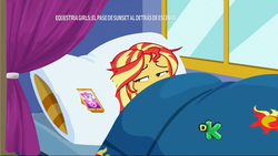 Size: 1920x1080 | Tagged: safe, screencap, sunset shimmer, equestria girls, equestria girls specials, g4, my little pony equestria girls: better together, my little pony equestria girls: sunset's backstage pass, alarm clock, bed, clock, female, phone, solo