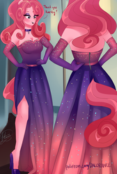 Size: 1640x2436 | Tagged: safe, artist:xjenn9, pinkie pie, earth pony, anthro, g4, alternate hairstyle, bare shoulders, beautiful, blushing, choker, clothes, dialogue, dress, evening gloves, eyeshadow, female, gloves, hand on hip, high heels, implied rarity, lidded eyes, long gloves, makeup, mirror, shoes, side slit, solo, strapless, zipper, zipper dress