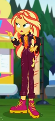 Size: 265x582 | Tagged: safe, screencap, sunset shimmer, equestria girls, equestria girls series, g4, sunset's backstage pass!, spoiler:eqg series (season 2), boots, clothes, cropped, female, geode of empathy, hand on hip, jacket, magical geodes, music festival outfit, pants, shoes, solo