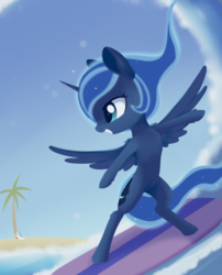 Size: 1377x1701 | Tagged: safe, artist:dusthiel, princess luna, alicorn, pony, g4, atg 2019, bipedal, female, mare, newbie artist training grounds, smiling, solo, surfboard, surfing