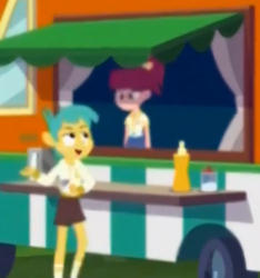 Size: 331x353 | Tagged: safe, screencap, snails, equestria girls, equestria girls specials, g4, my little pony equestria girls: better together, my little pony equestria girls: sunset's backstage pass, cinema bun, cropped, duo, food, food truck, looking at each other