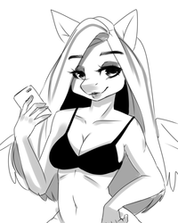 Size: 2000x2500 | Tagged: safe, artist:klaudy, fluttershy, anthro, g4, bra, cellphone, clothes, cute, high res, long hair, phone, picture, sketch, smartphone, underwear, wings