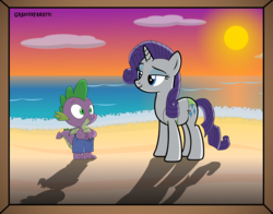 Size: 3798x2976 | Tagged: safe, artist:gradiusfanatic, rarity, spike, dragon, pony, unicorn, g4, bikini, clothes, female, high res, male, mare, ship:sparity, shipping, straight, swimming trunks, swimsuit, we don't normally wear clothes