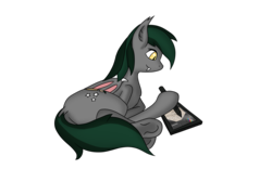 Size: 4000x2500 | Tagged: safe, artist:albinoraynedeer, oc, oc only, oc:nightwind, bat pony, pony, drawing, drawing tablet, female, smiling, tablet