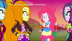 Size: 1920x1080 | Tagged: safe, screencap, adagio dazzle, aria blaze, pinkie pie, sonata dusk, equestria girls, equestria girls specials, g4, my little pony equestria girls: better together, my little pony equestria girls: sunset's backstage pass, churros, discovery kids, music festival outfit, spanish, spiked wristband, the dazzlings, wristband