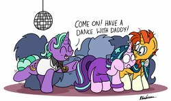Size: 6481x3847 | Tagged: safe, artist:bobthedalek, firelight, starlight glimmer, sunburst, pony, unicorn, g4, blaze (coat marking), cape, clothes, coat markings, crowd, dancing, disco ball, dress, embarrassed, facial markings, father and daughter, fathers gonna father, female, hiding, jacket, male, mare, medallion, mortified, saturday night fever, silhouette, simple background, socks (coat markings), stallion, white background