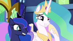 Size: 1920x1080 | Tagged: safe, screencap, princess celestia, princess luna, alicorn, pony, between dark and dawn, g4, boop, cute, cutelestia, discovery family logo, female, lunabetes, mare, royal sisters, self-boop, siblings, sisters, smiling, twilight's castle