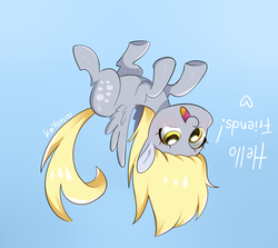 Size: 1732x1543 | Tagged: safe, alternate version, artist:kaikururu, derpy hooves, pegasus, pony, g4, blue background, colored pupils, cute, derpabetes, derpy being derpy, dialogue, ear fluff, female, flying, gradient background, heart, how, looking at you, mare, open mouth, silly, silly pony, simple background, smiling, solo, spread wings, text, underhoof, upside down, wings