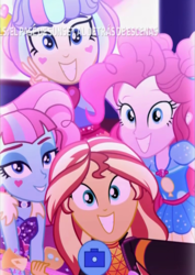 Size: 767x1078 | Tagged: safe, screencap, kiwi lollipop, pinkie pie, sunset shimmer, supernova zap, equestria girls, equestria girls specials, g4, my little pony equestria girls: better together, my little pony equestria girls: sunset's backstage pass, cropped, discovery kids, guitar, k-lo, musical instrument, peace sign, postcrush, selfie, smiling, spanish, su-z