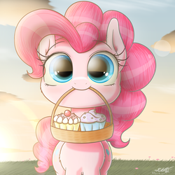 Size: 1900x1900 | Tagged: safe, artist:phoenixrk49, pinkie pie, earth pony, pony, g4, basket, cheek fluff, chest fluff, cloud, cupcake, cute, diapinkes, ear fluff, eye clipping through hair, female, food, looking at you, mouth hold, signature, solo