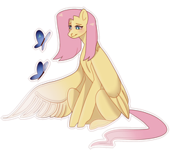 Size: 1351x1177 | Tagged: safe, artist:borschhhhhhh, fluttershy, butterfly, pegasus, pony, g4, female, looking at something, mare, one wing out, outline, simple background, sitting, solo, three quarter view, white background, white outline, wings