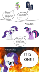 Size: 2644x4874 | Tagged: safe, rarity, spike, twilight sparkle, oc, oc:minkie pie, earth pony, pony, unicorn, g4, comic, fire, flower, simple background, speech bubble, upset, white background