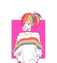Size: 1800x2000 | Tagged: safe, artist:dcon, rainbow dash, equestria girls, g4, abstract background, bubblegum, clothes, female, food, gum, solo, sweater