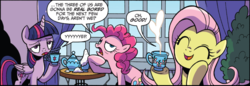 Size: 800x274 | Tagged: safe, artist:brenda hickey, idw, official comic, fluttershy, pinkie pie, twilight sparkle, alicorn, earth pony, pegasus, pony, unicorn, g4, spoiler:comic, spoiler:comicspiritoftheforest02, comic, cup, cute, female, mare, one of these things is not like the others, shyabetes, speech bubble, teacup, that pony sure does love sugar, trio, twilight sparkle (alicorn)