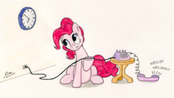 Size: 2560x1440 | Tagged: safe, artist:abyssalemissary, pinkie pie, earth pony, pony, atg 2019, clock, colored pencil drawing, dialogue, female, literal, mare, mixed media, newbie artist training grounds, pen drawing, phone, pinkie being pinkie, simple background, solo, traditional art, white background