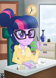 Size: 2500x3448 | Tagged: safe, artist:theretroart88, sci-twi, timber spruce, twilight sparkle, equestria girls, g4, legend of everfree - bloopers, breasts, busty twilight sparkle, coffee, female, grin, groucho marx psyche out, high res, implied shipping, implied straight, implied timbertwi, office, picture, smiling, solo, working